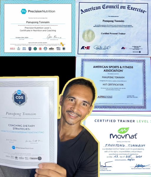 Roi's professional certifications including Precision Nutrition, ACE, and MovNat